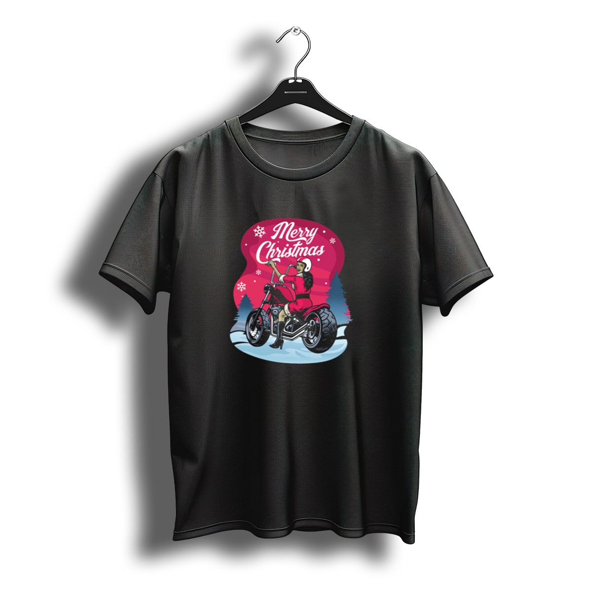 Merry Christmas Women In Santa Claus Riding Motorcycle Snowflakes T-Shirt