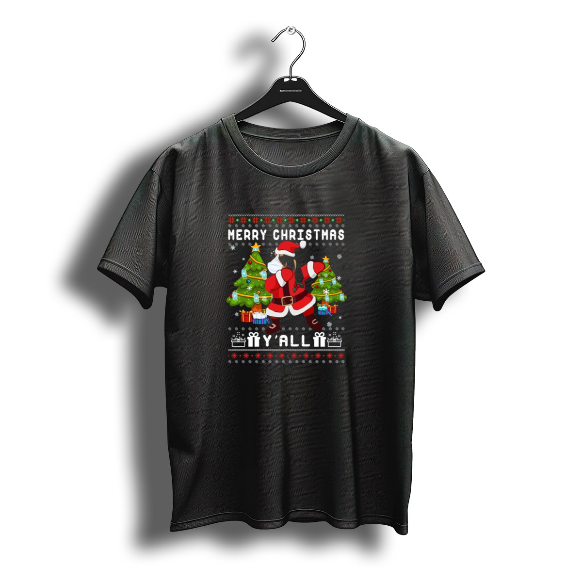 Merry Christmas Y'All Bluetick Coonhound Santa With Christmas Trees And Presents T-Shirt